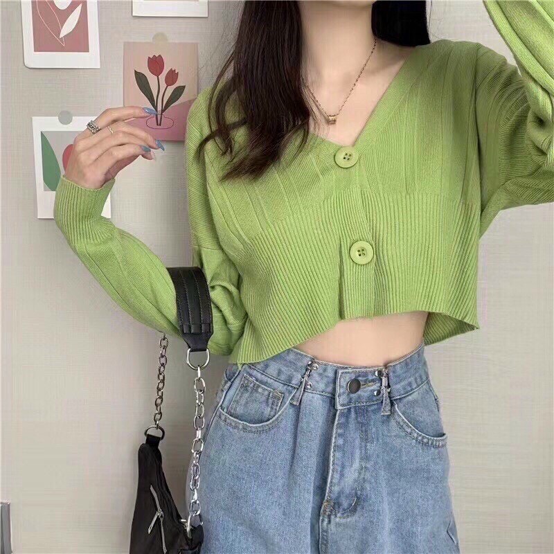 Áo cardigan 2 cúc dáng croptop len mềm xinh xắn