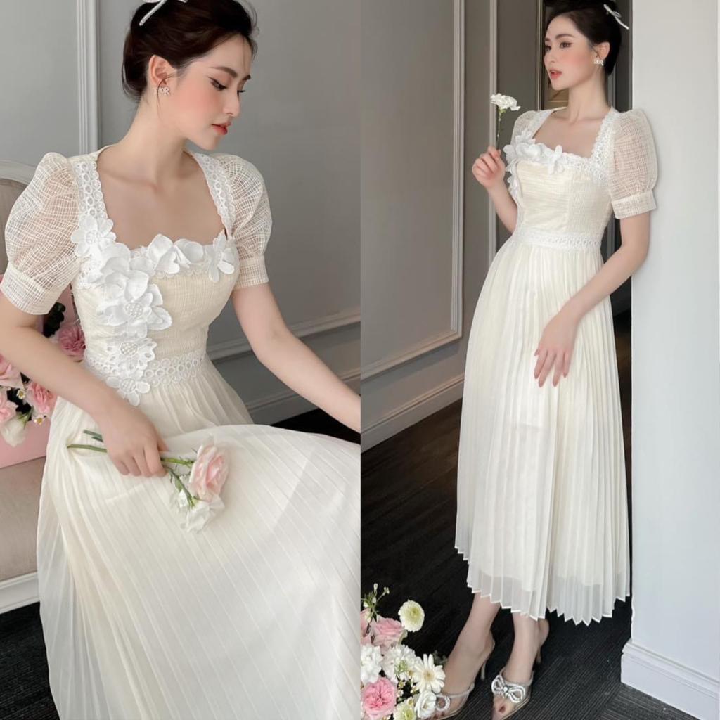 Đầm Thiết Kế MAY CH36 Chất Liệu Ren Phối Trượt Nhật Đính Hoa 3D - Đầm Dự Tiệc Sang Trọng Chuẩn MAY