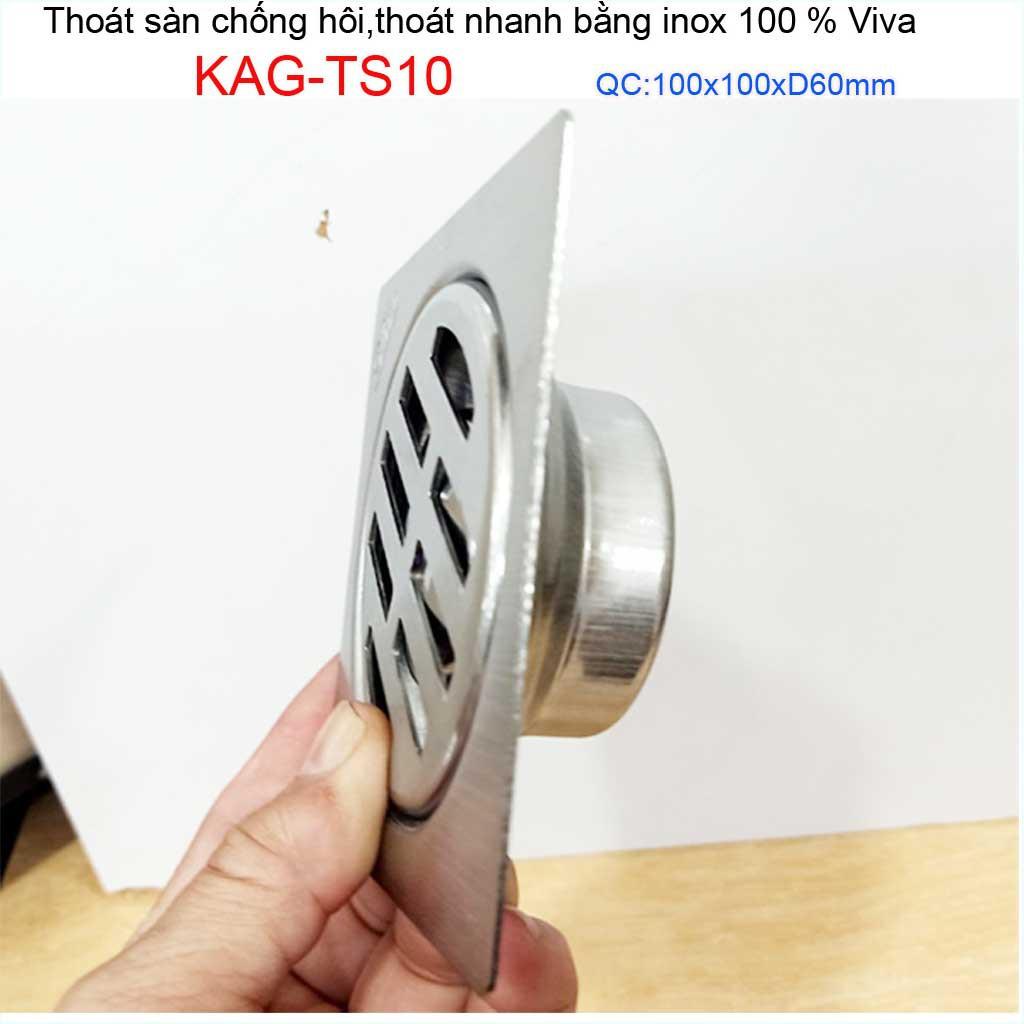 Hố ga thoát sàn viva ống 6cm Inox mờ, phễu thoát nước chống hôi vuông 10x10cm KAG-TS10 -D60