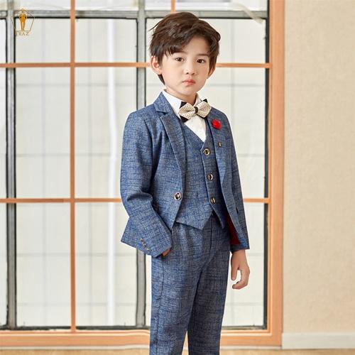 Set bộ vest bé trai TRAZmàu karo xước xám xanh vest đầy tháng thôi nôi