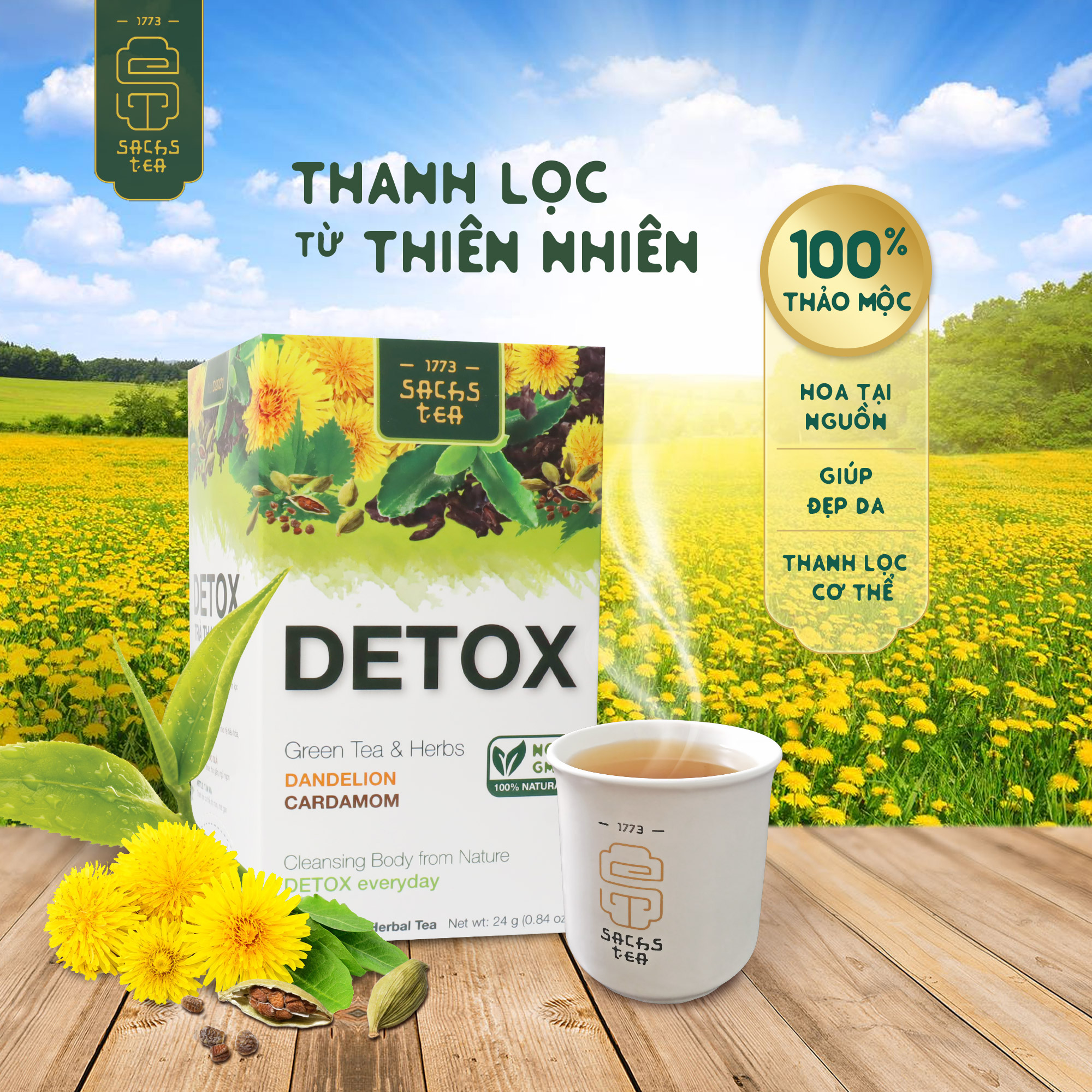 Trà thanh lọc Detox D2021 SACHS TEA 1773 thanh nhiệt, thải độc, mát gan, giúp đẹp da, lợi tiểu thành phần thảo dược tự nhiên 16 túi lọc/hộp