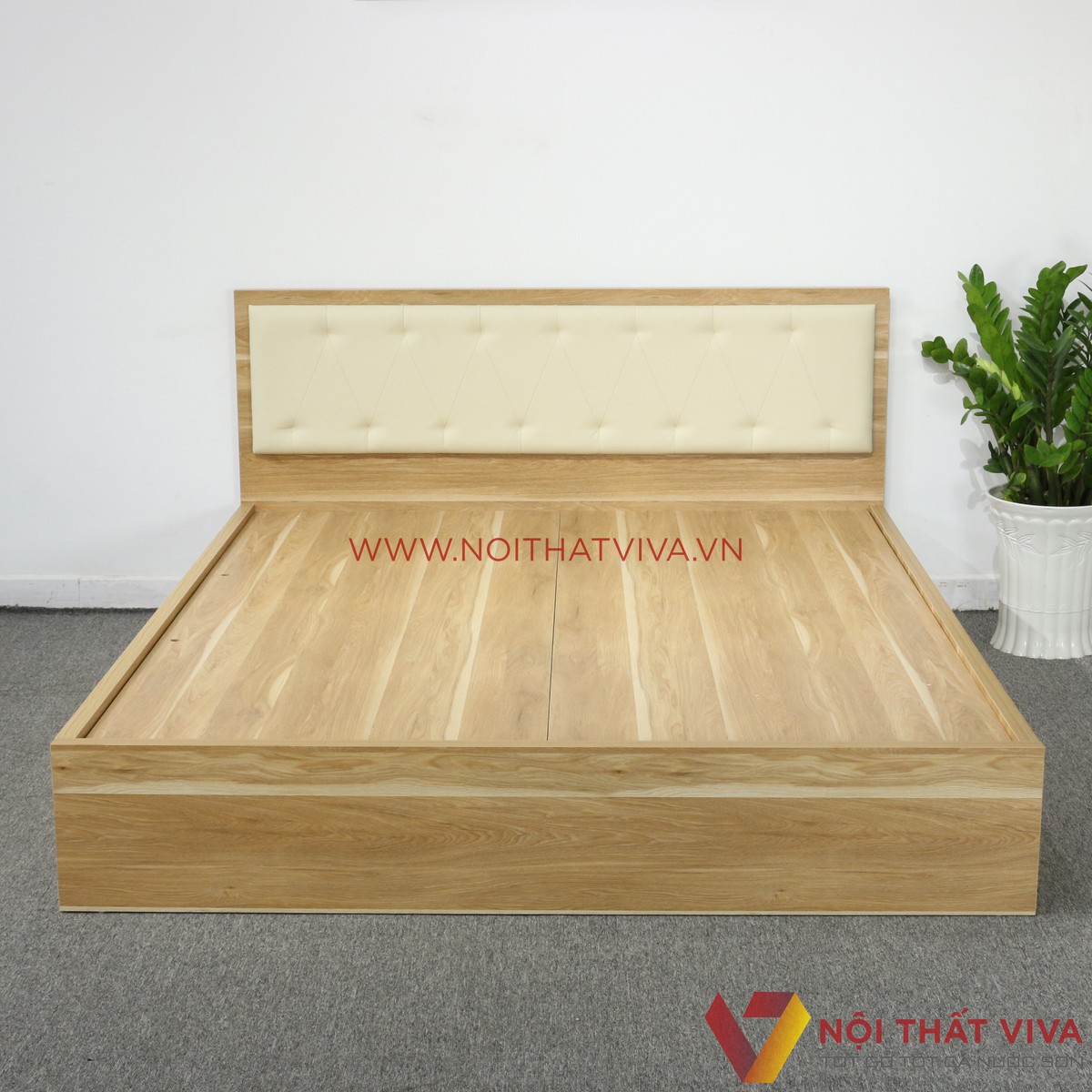 Giường Ngủ Gỗ MDF Melamine Vân Gỗ Vàng Sọc Có Đầu Nệm Kem Đẹp