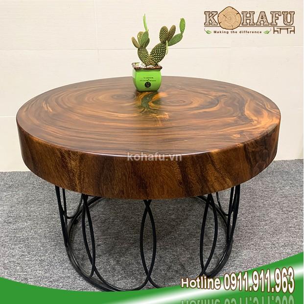 Bàn sofa mặt gỗ me tây nguyên tấm/ Bàn tròn sofa/ Bàn tròn gỗ cẩm tây + Chân lồng sắt đen