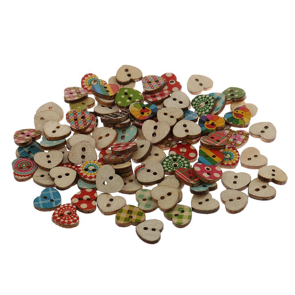 2-4pack 100pcs Heart Shaped Painted 2 Hole Wood Buttons 15mm for Sewing