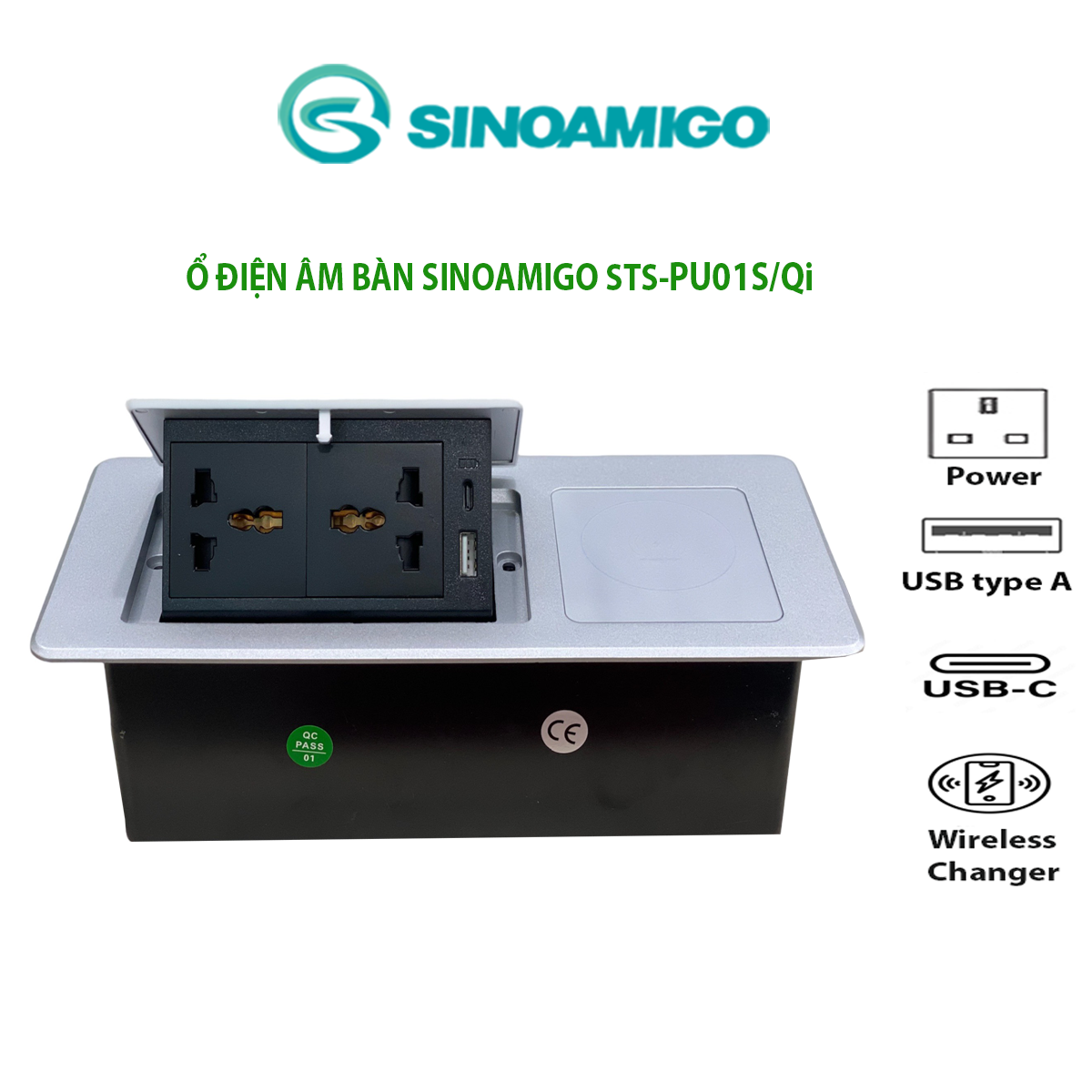 Hộp ổ điện âm bàn đa năng Sinoamigo STS-PU01S-Qi màu bạc. Tích hợp sạc không dây 15W, cổng sạc USB-C, USB-A