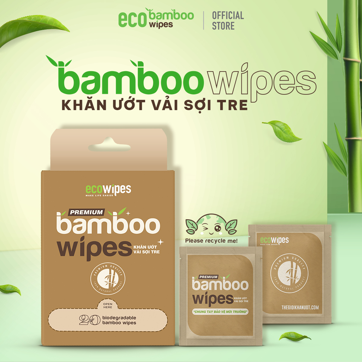 Combo 10 gói khăn giấy ướt cao cấp EcoBamboo Travel size Premium gói 1 tờ vải tre sinh thái không mùi có thể phân hủy