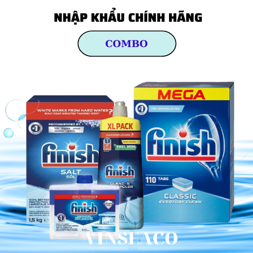 COMBO FINISH: Viên rửa bát Classic 110 viên + Bóng 750ml + Muối 1,2kg + Dung dịch vệ sinh