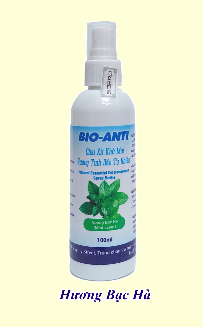 Chai 100ml. Chai xịt khử mùi hương tinh dầu tự nhiên BIO-ANTI loại bỏ mùi hôi, kháng khuẩn, thư giãn, thơm mát