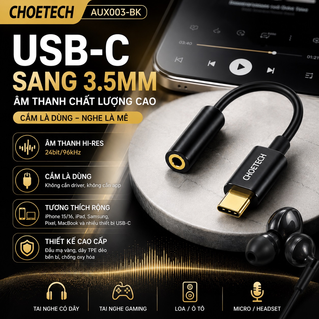 Cáp Chuyển âm thanh USB-C Sang Audio 3.5mm Choetech AUX003-BK Có DAC Hi-Res 24bit/96kHz Cho Tai Nghe Có Dây Loa Ô Tô cho iPad, Macbook, iPhone, Samsung, Huawei, Oppo - Hàng nhập khẩu