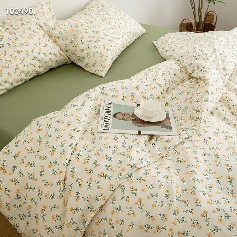 Bộ Chăn Ga Gối Cotton Living 100%cotton Hàng Nhập Khẩu Cao Cấp 4 Món Hoa Vintage Nhí Xanh