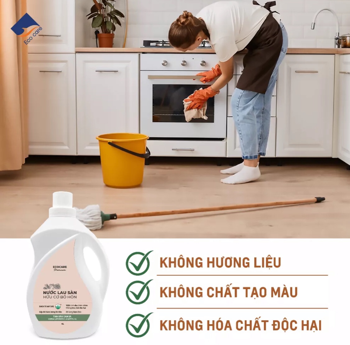 [Premium] Nước lau sàn hữu cơ cao cấp Bồ hòn và Tinh dầu thiên nhiên Ecocare - Diệt khuẩn, Đuổi muỗi, Chống trơn trượt - Cam sả - 4000ml