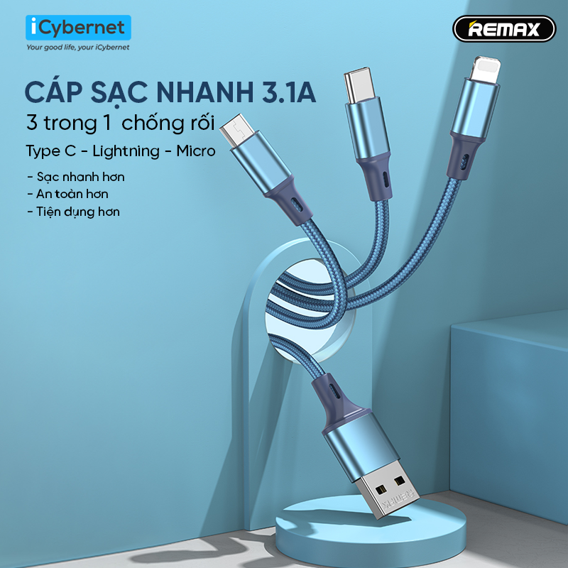 Cáp sạc nhanh 3 trong 1 Remax RC-189th  sạc nhanh 3.1A chiều dài 1,2m dây bọc dù siêu bền - Hàng chính hãng