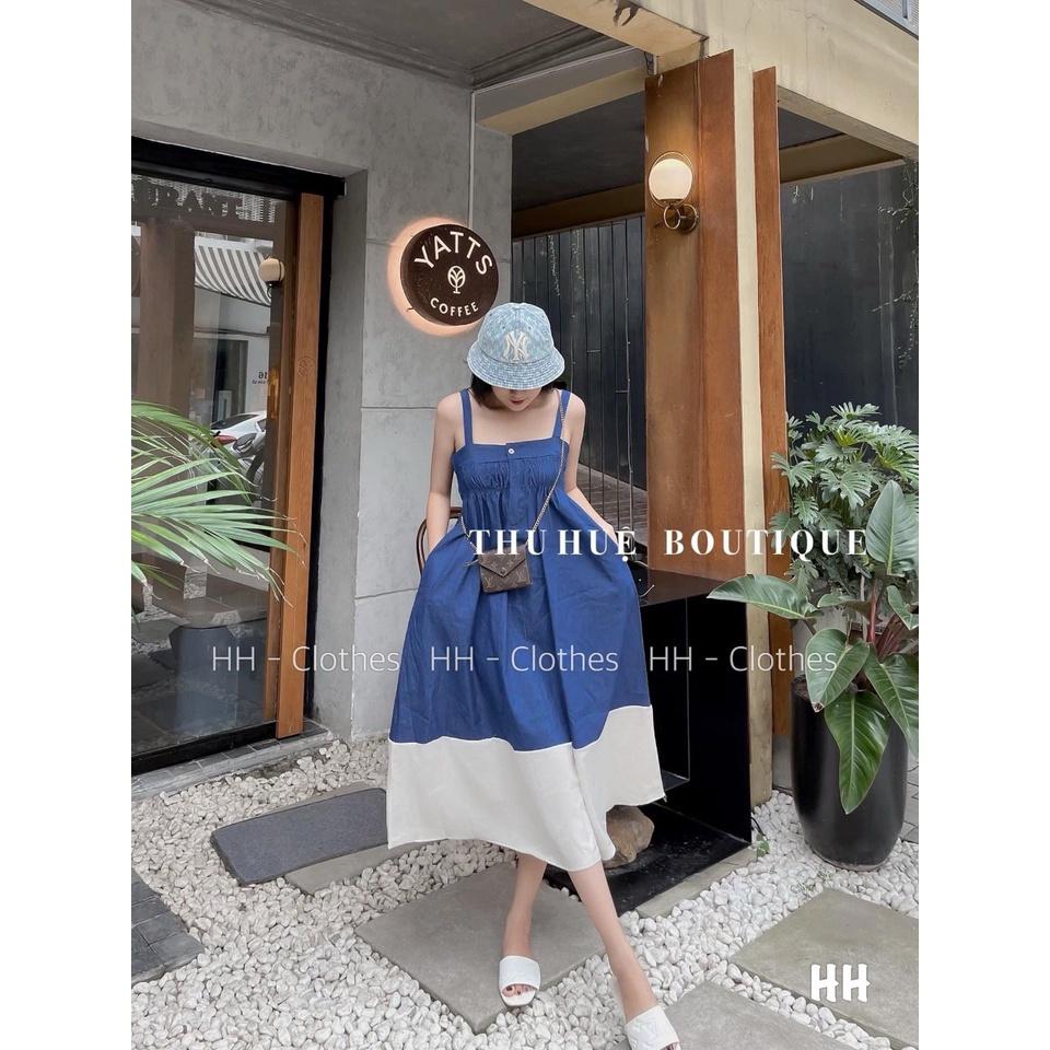 VÁY ĐI CHƠI, VÁY MAXI JEAN 2 DÂY PHỐI CÚP NGỰC BOCHUN CỰC XINH LUN Ạ