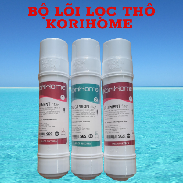 Bộ lõi lọc nước 123 Korihome ( 2 Sediment - 1 Pre Carbon),dùng cho máy nóng lạnh, dùng được cho máy Kangaroo, Karofi, CNC…