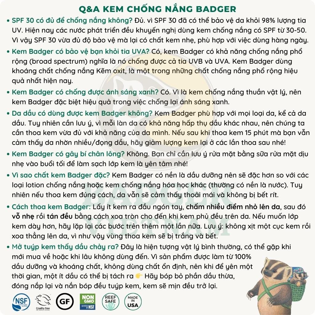 Kem Chống Nắng Thiên Nhiên Badger SPF 30 Clear Không Mùi - Thuần vật lý, phổ rộng broad-spectrum, an toàn cho san hô, 98% thành phần hữu cơ