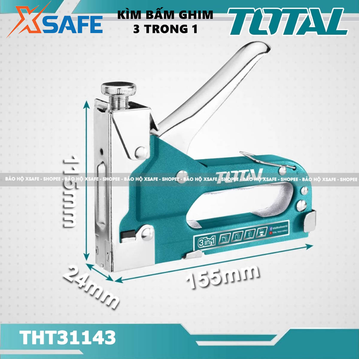 Kìm bấm đinh ghim đa năng 3 trong 1 TOTAL THT31143 Kềm bấm ghim điều chỉnh lực bắn kèm 600 mũi ghim U, đinh, chữ nhật