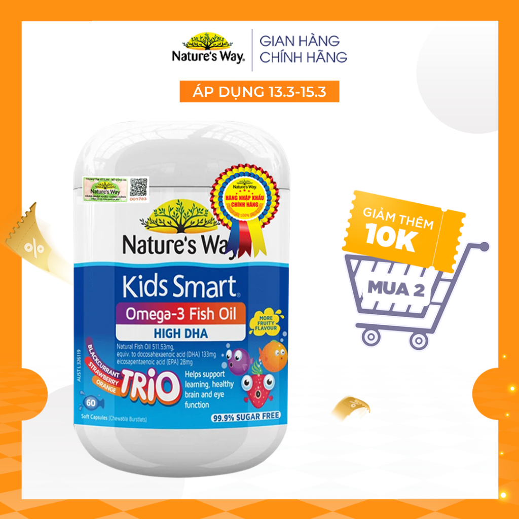 Viên Uống Dầu Cá Nature's Way Omega-3 Fish Oil Trio Giúp Bổ Sung DHA Phát Triển Trí Tuệ Cho Bé 60 Viên