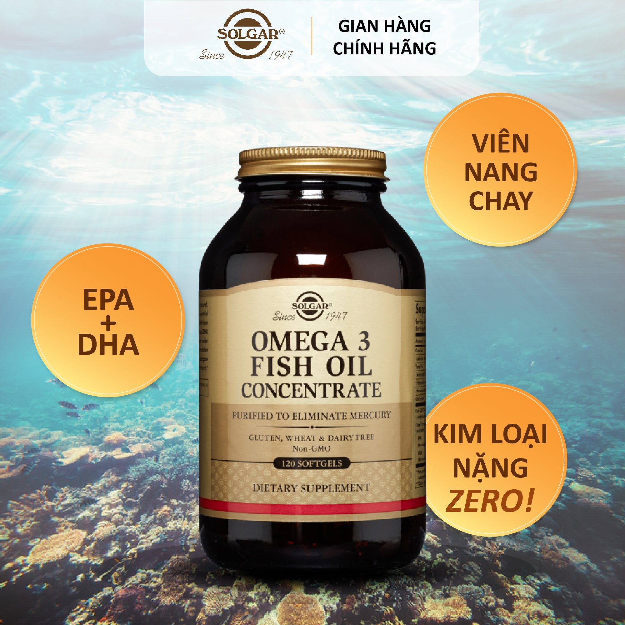 NHẬP KHẨU USA CHÍNH HÃNG - Viên uống dầu cá bổ sung omega 3, hỗ trợ giảm xơ vữa động mạch, tốt cho tim mạch, cải thiện trí nhớ Solgar Dầu cá Fish Oil Omega-3 Concentrate 120