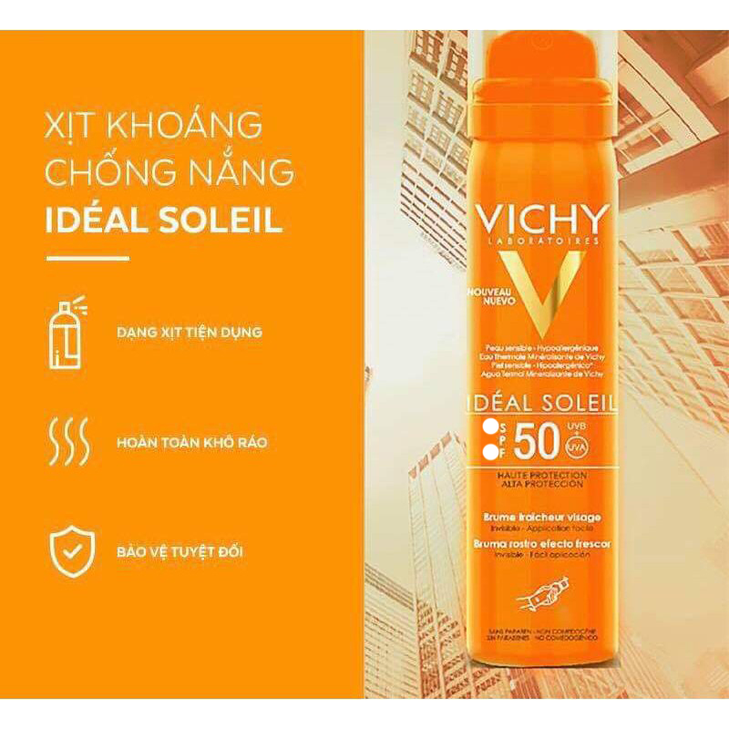 Xịt Khoáng Chống Nắng Giảm Dầu Khô Ráo Và Không Gây Nhờn Rít SPF 50 PA+++ UVA &amp; UVB Vichy Ideal Soleil 75ml