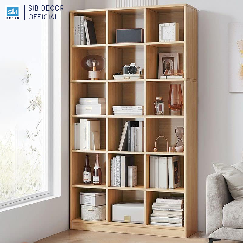 Tủ Sách Gỗ 18 Ô Có Hậu Dài 90cm Màu Oak, Walnut Thương Hiệu SIB Decor KSG103