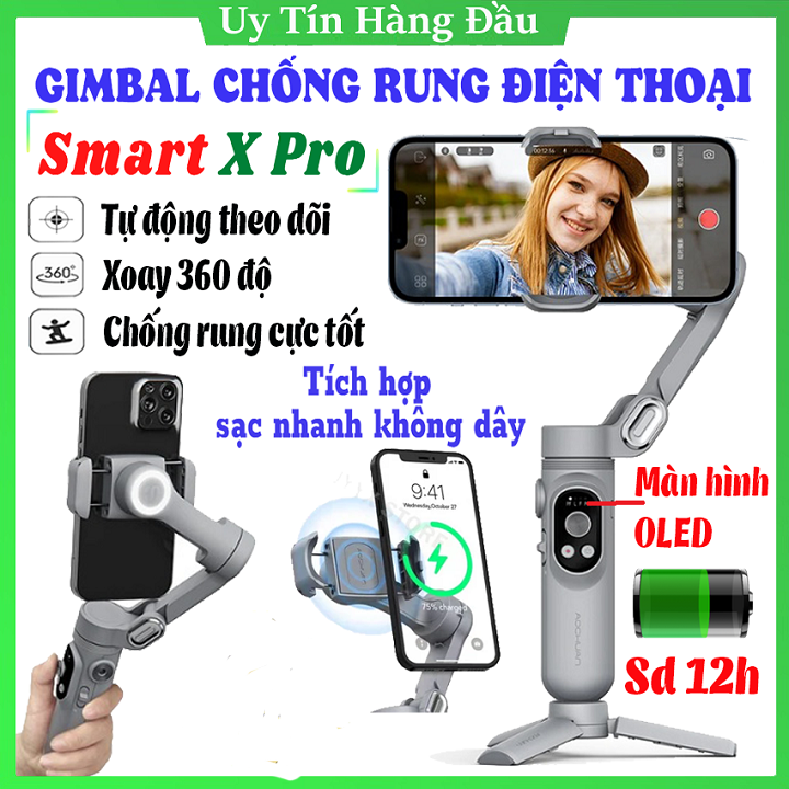 Tay Cầm Chống Rung Điện Tử Gimbal Điện Thoại Smart XPRO - Gậy Chống Rung Có Sạc Không Dây Quay Phim, Video Tiktok