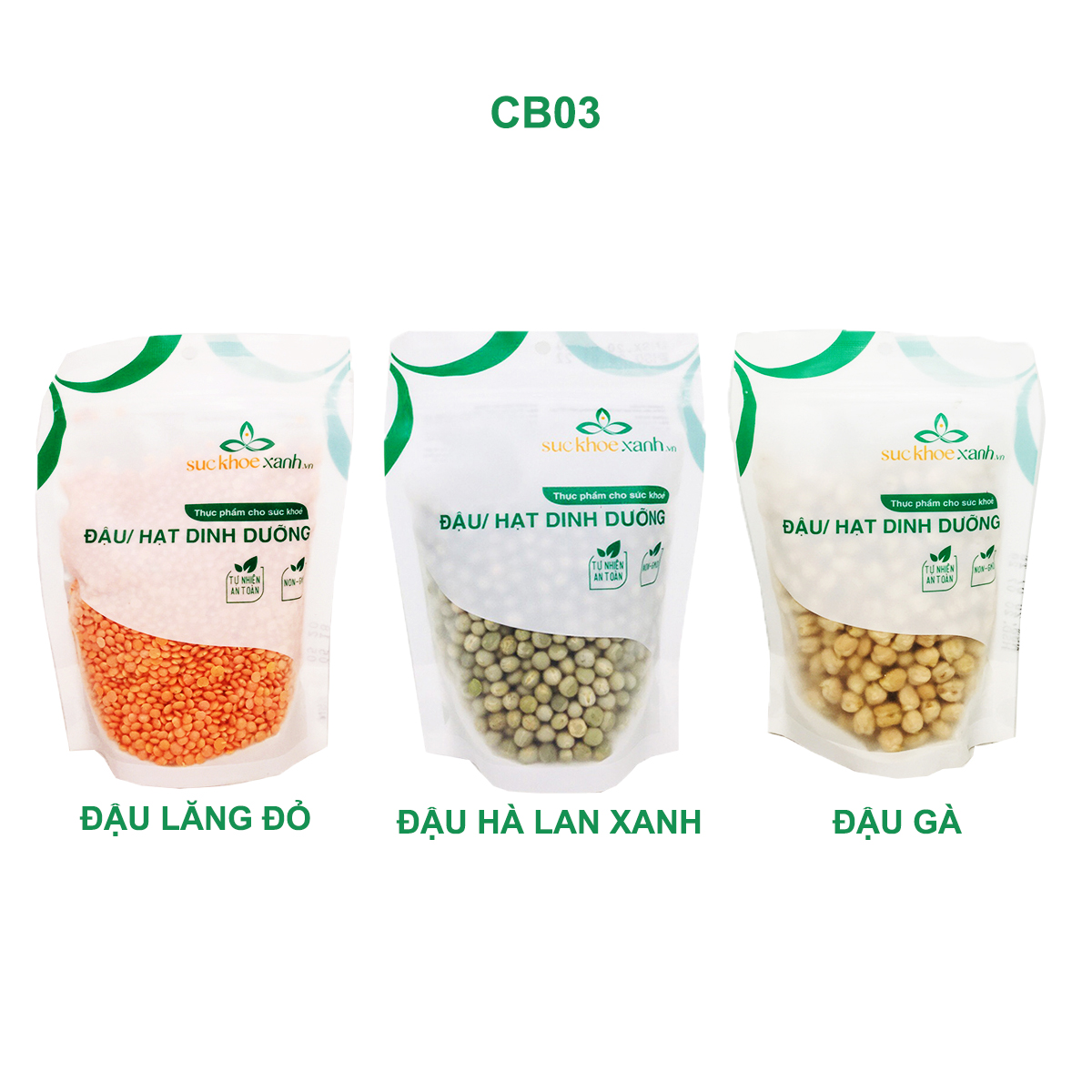 Combo 3 túi Đậu gà và Đậu lăng đỏ và Đậu hà lan xanh nguyên hạt 250g (CB03)