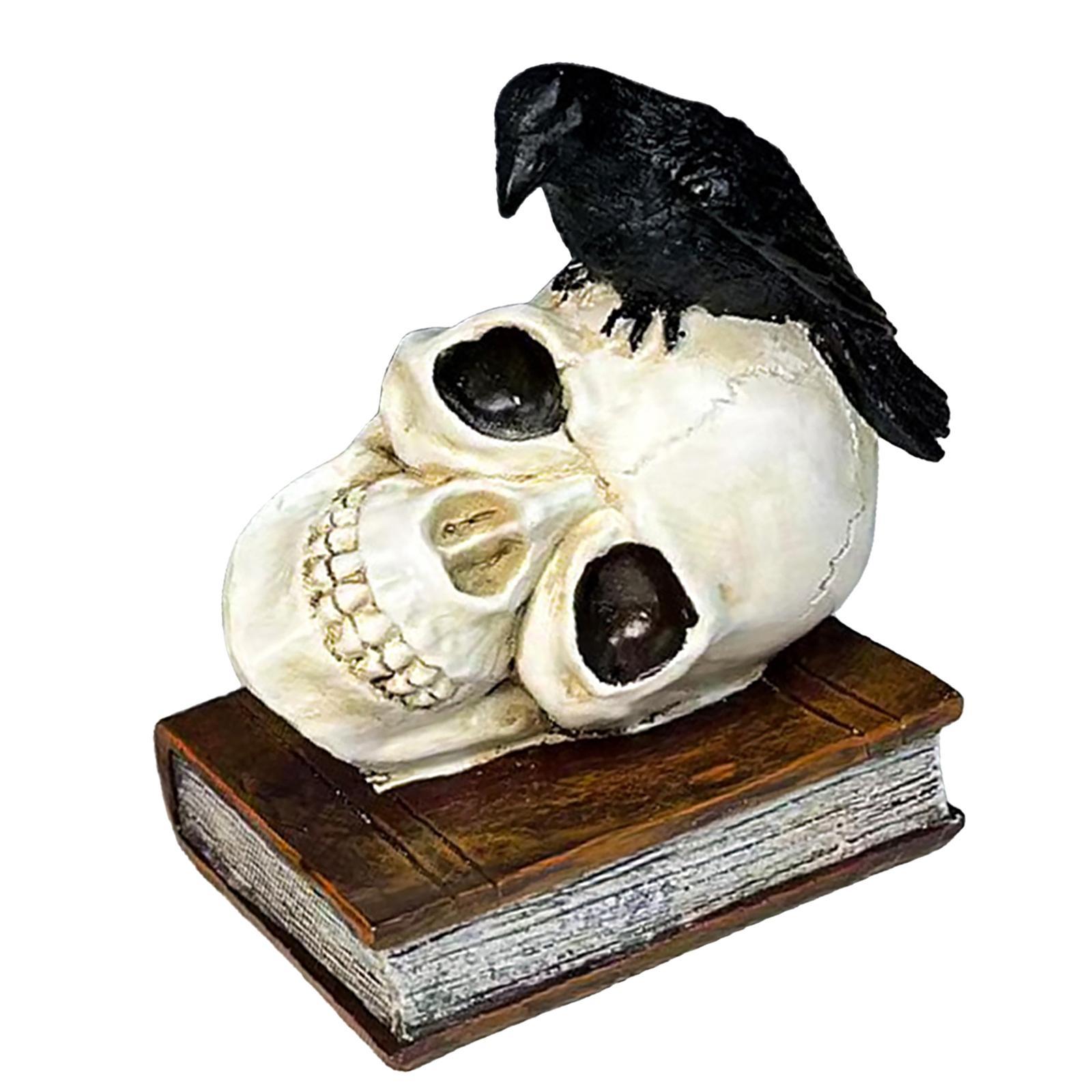 Perched Raven on Skull and Book Statue Ornament for Halloween Desktop Coffee