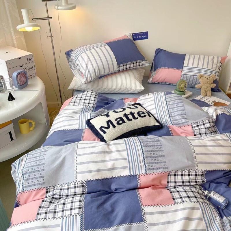 Bộ Chăn Ga Gối Cotton Living 100%Cotton Hàng Nhập Khẩu Cao Cấp 4 Món Kẻ Ô Hiện Đại