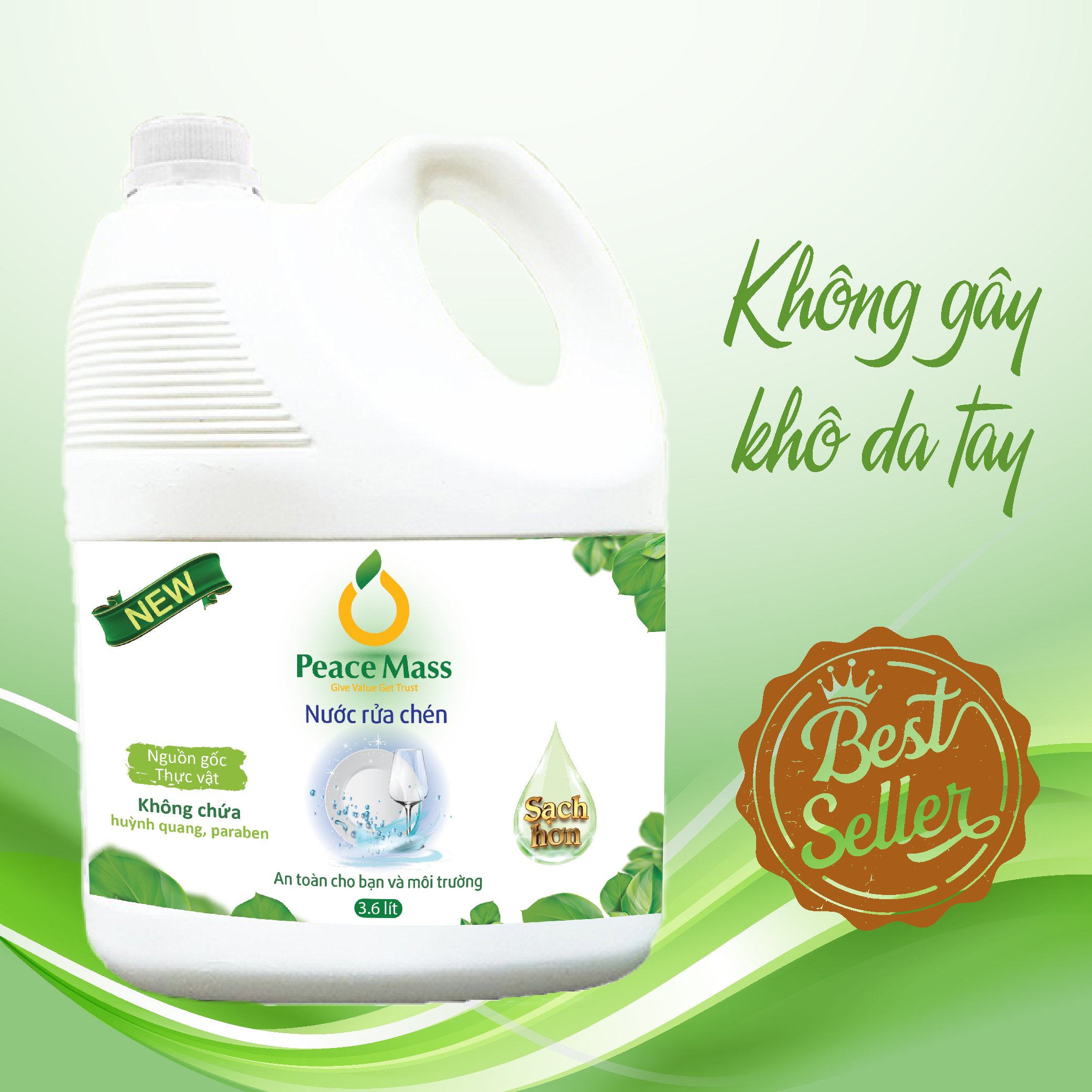 Nước Rửa Chén Gốc Thực Vật Peace Mass Công Nghệ Enzyme Rửa Sạch &amp; Không Lưu Mùi (Thuộc nhóm Sản phẩm Lành tính)) Can 3.6 Lít