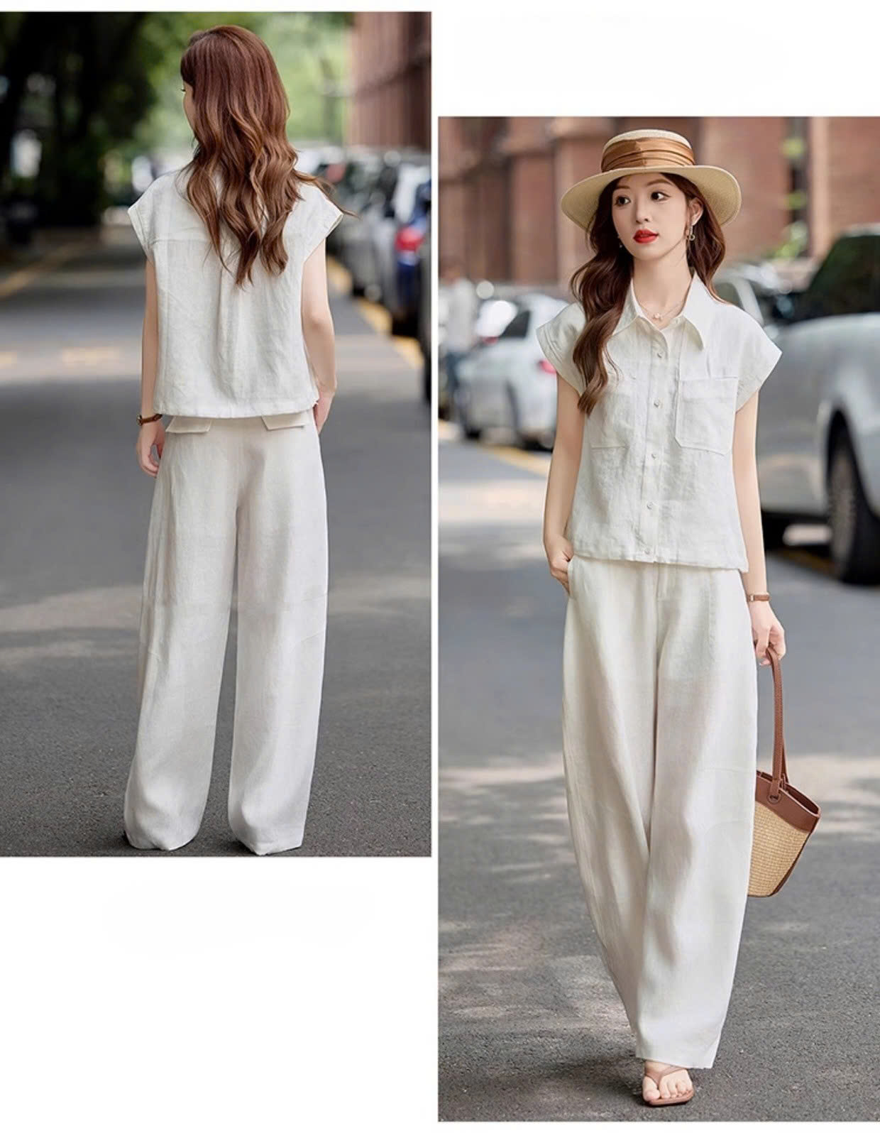 Set sơ mi tay cánh tiên thiết kế mix quần suông ống rộng cạp cao tôn dáng dịu dàng