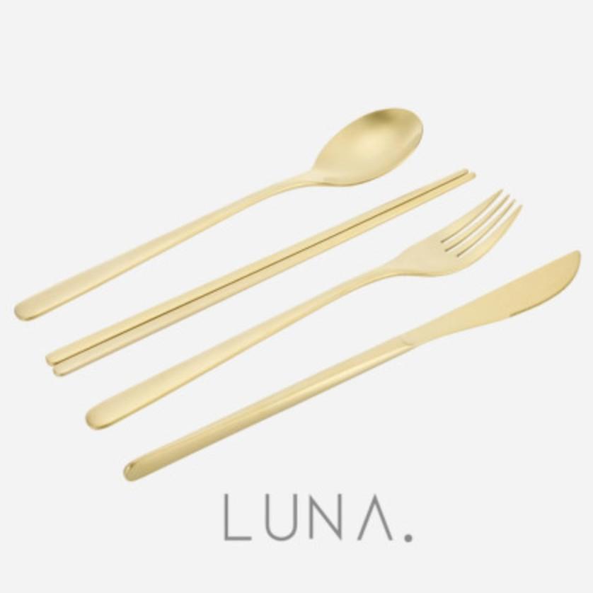 Bộ 4 Món Luna Set 1 person gồm Dao, Đũa, Muỗng, Nĩa Edelkochen chất liệu Inox bóng màu vàng nhạt