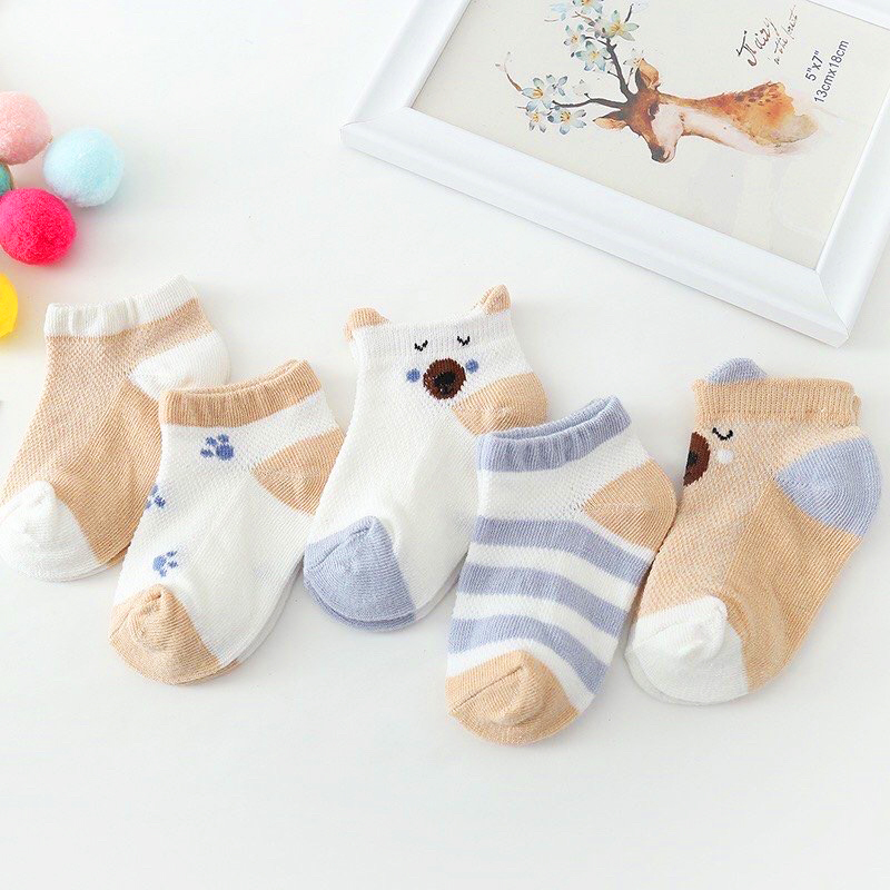 Tất cho bé gái và bé trai hình thú Baby-S, Set 5 đôi tất lưới cho bé 0-2 tuổi chất cotton co giãn – ST002