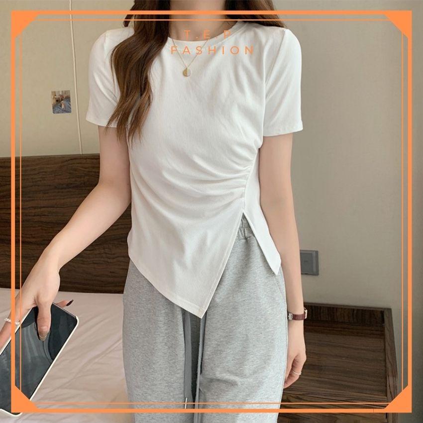 Áo Phông Nữ Ngắn Tay Cổ Tròn Nhún Eo Xẻ Tà Cách Điệu Tep Fashion - AP009