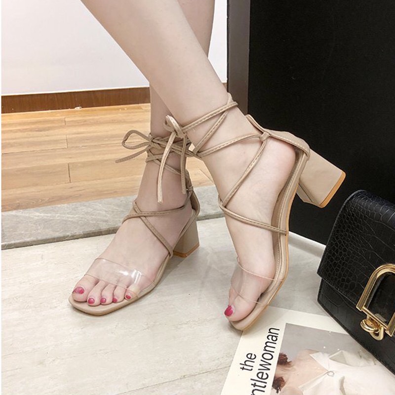 Giày sandal nữ mã KDS27 dây cột cao 5cm mũi vuông gót vuông