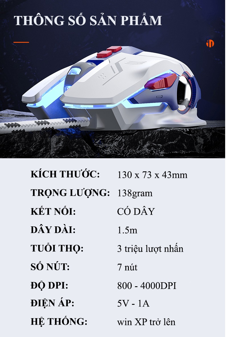 Chuột có dây INPHIC PW2PRO chuyên game thiết kế robot kèm theo đèn led RGB cực đẹp dành cho game thủ - JL - HÀNG CHÍNH HÃNG