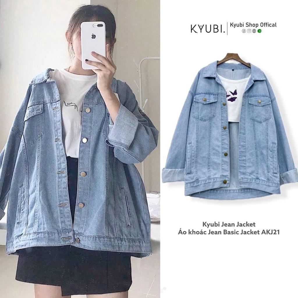 Áo khoác jeans unisex form rộng ulzzang Xanh đậm kèm túi trong - Áo khoác nữ jean denim KYUBI Jacket AKJ21