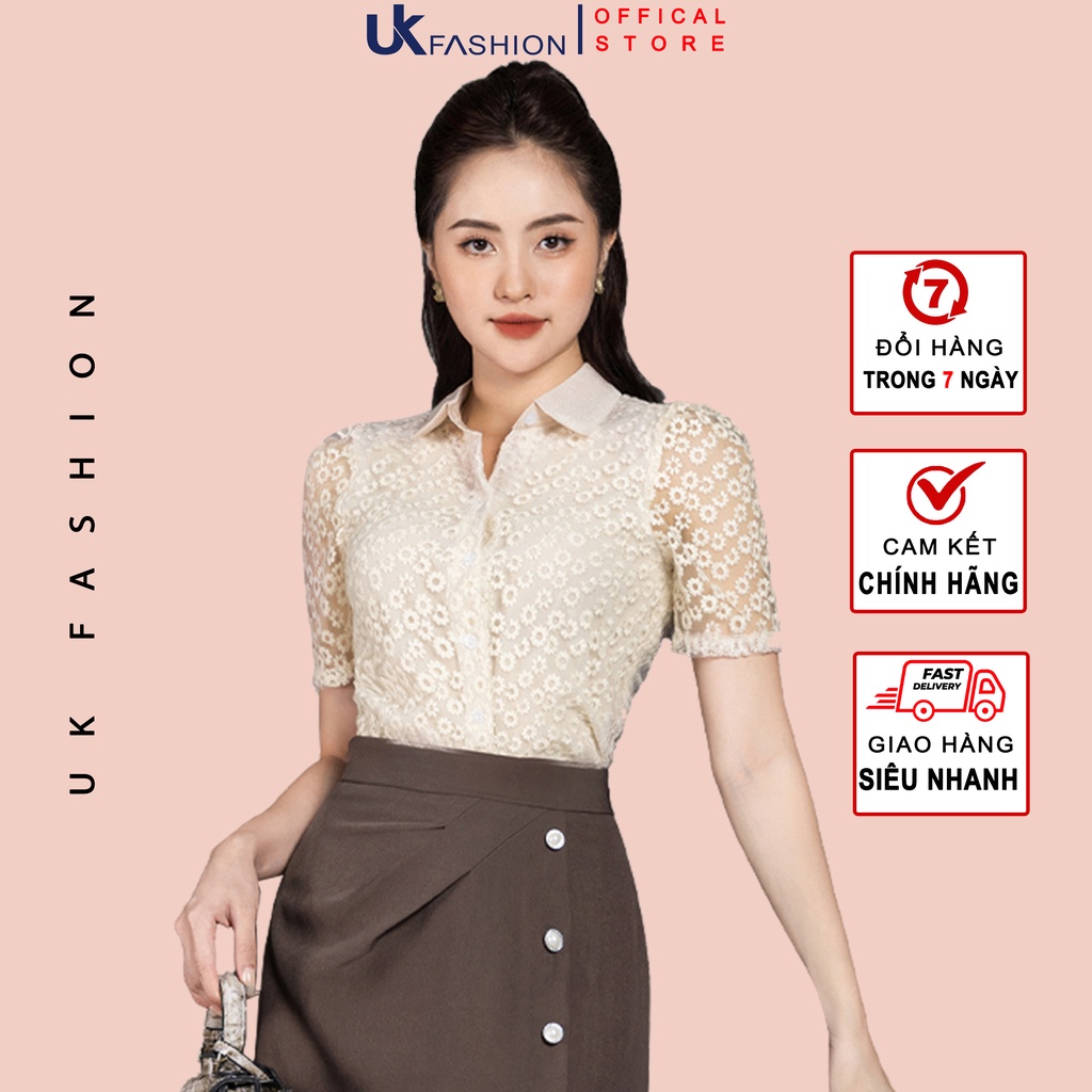 Áo sơ mi cổ đức ngắn tay ren hoa công sở thiết kế thời trang UK Fashion màu kem Hàn Quốc NKSM2206015 không nhăn - M