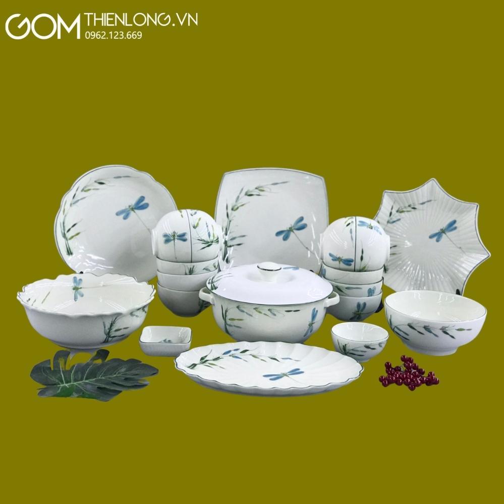 Bộ Bát Đĩa Đẹp Vẽ Trúc Chuồn - Bát Đĩa Bát Tràng - Gốm Thiên Long