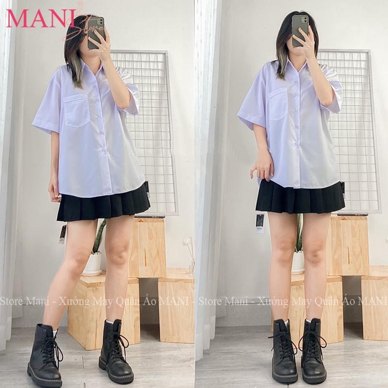 Áo sơ mi nữ form rộng tay ngắn lỡ kiểu dáng basic màu trắng dáng suông style đi học sinh viên có túi ngực