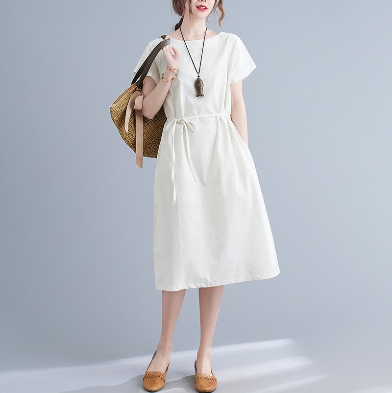 Đầm linen suông trắng dài,ngắn tay kèm dây thắt eo Haint Boutique Da84