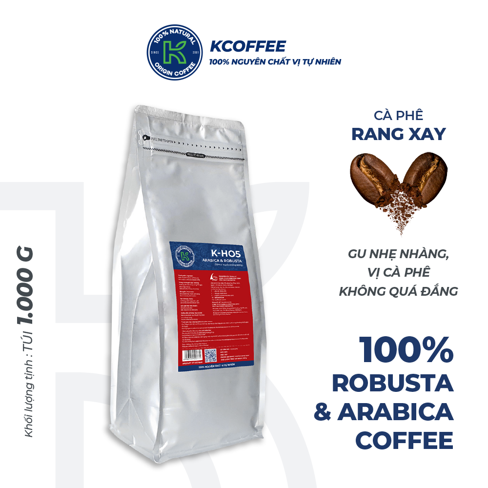 Cà phê rang xay K Coffee 100% Robusta Arabica nguyên chất K-HO5 (1Kg/Túi)