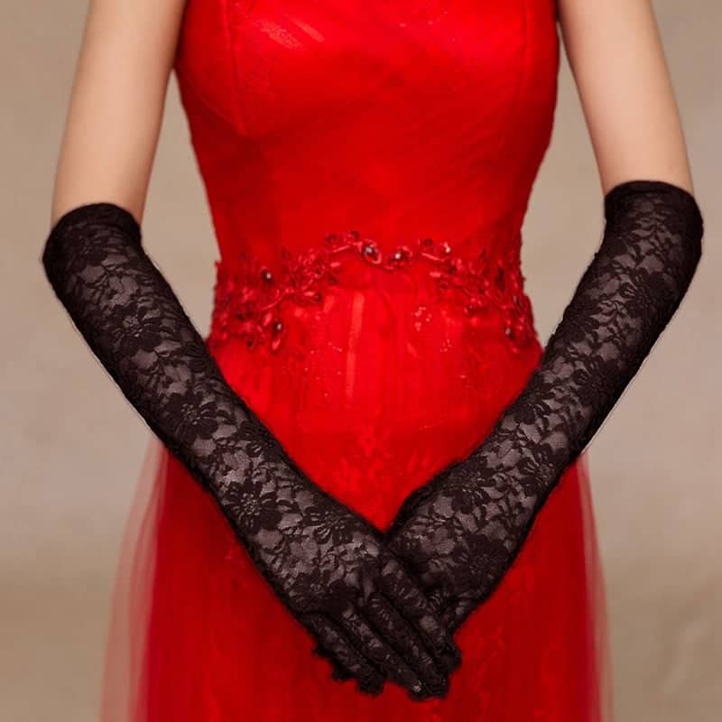 Găng tay ren hoa dáng dài màu đen cho Cô dâu và Dạ hội, đi tiệc, sự kiện MS: 42322
