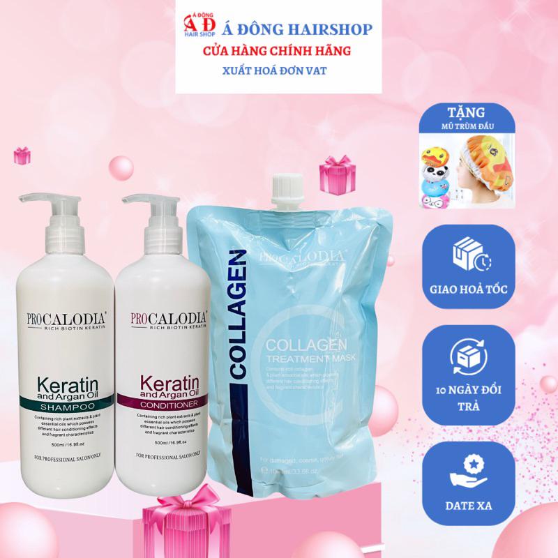 Bộ dầu Gội xả hấp ủ dưỡng Keratin Pro Calodia siêu mượt phục hồi tóc hư tổn + Gội xả gói Karseell 15ml