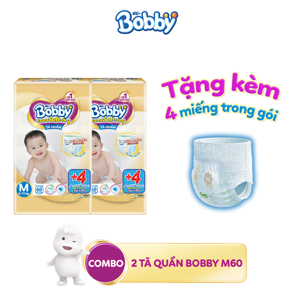 [Tặng kèm 4 miếng trong gói] Combo 2 Tã quần Bobby Extra Soft Dry M60 dành cho bé 6-11kg