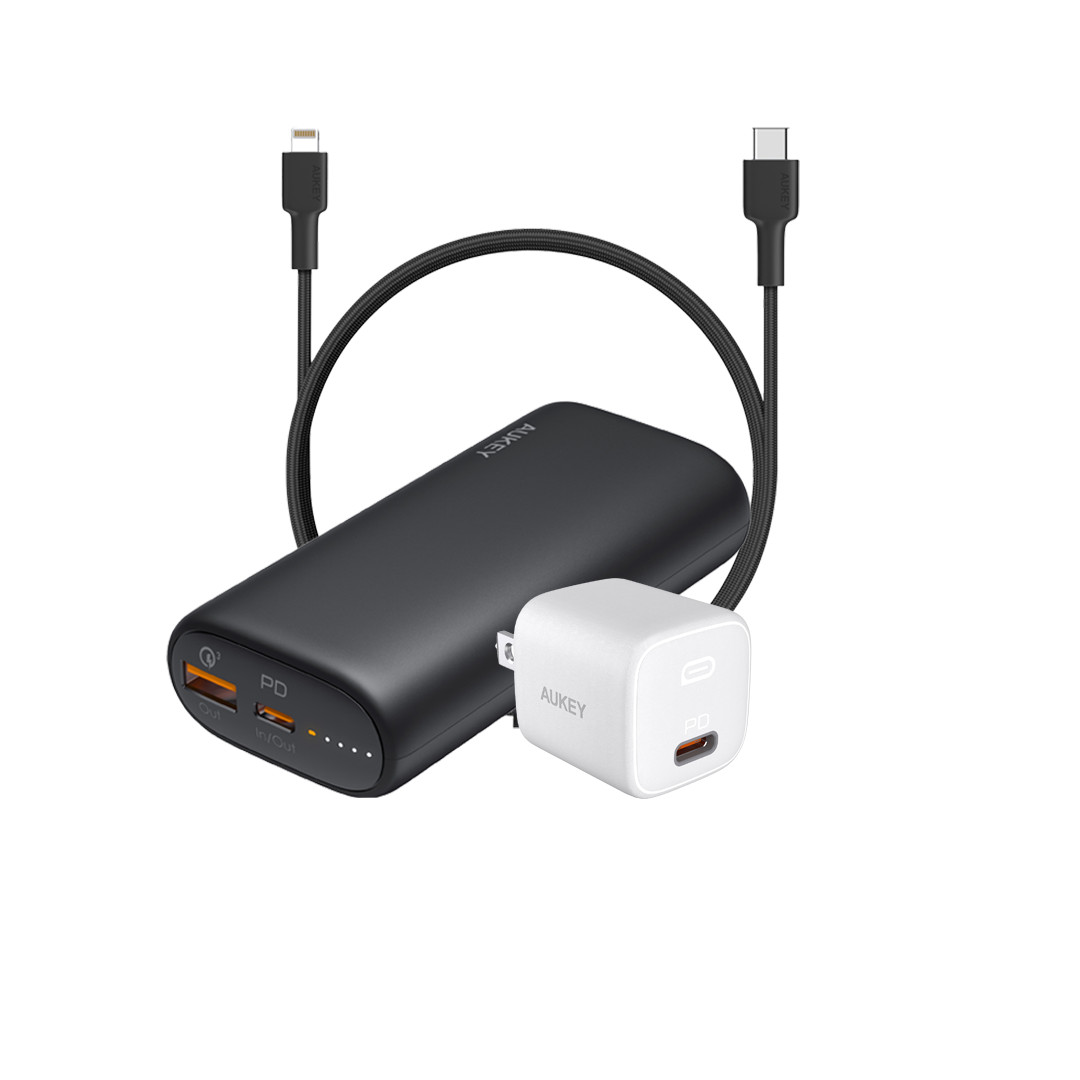 Combo Sạc Nhanh Dành Cho iPhone 12 Series AUKEY | Cốc Sạc 20W PA-B1, Cáp C-Lighnting 20W CB-CL1, Pin 10000mAh PD + QC3 PB-Y36 - Hàng Chính Hãng