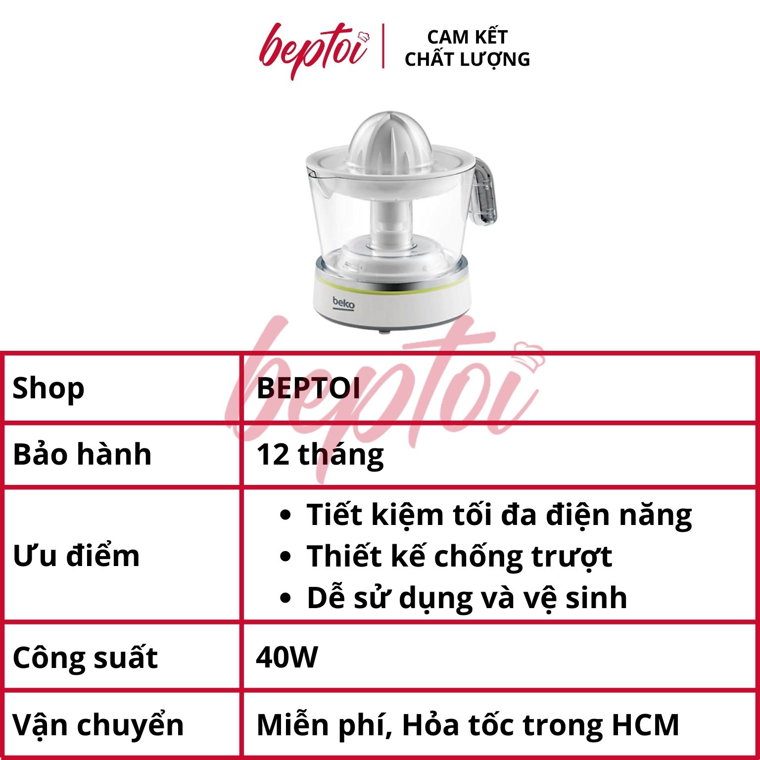 Máy vắt cam tự động, máy ép cam công suất 40W Beko CJB-5103W Hàng chính hãng