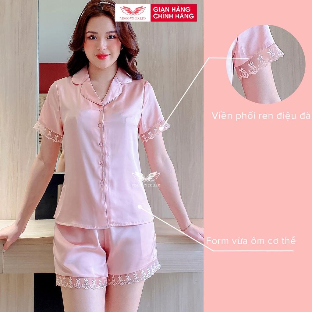 Đồ bộ nữ mặc nhà Pijama lụa Pháp mềm mát VINGO tay ngắn quần đùi viền phối ren thanh lịch mặc mùa hè thoải mái H669 VNGO