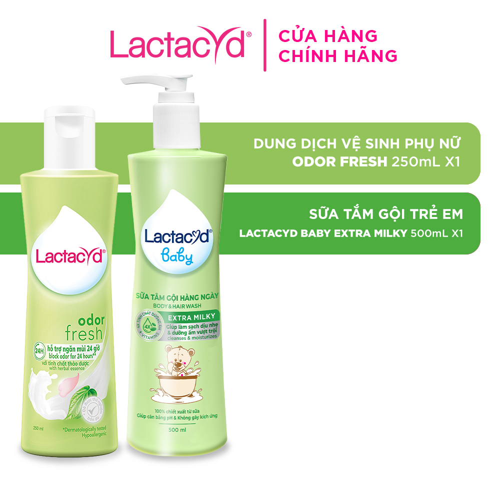 Bộ Dung Dịch Vệ Sinh Phụ Nữ Lactacyd Odor Fresh Ngăn Mùi 24H 250ml + Sữa Tắm Gội Trẻ em Lactacyd Baby Extra Milky 500ml