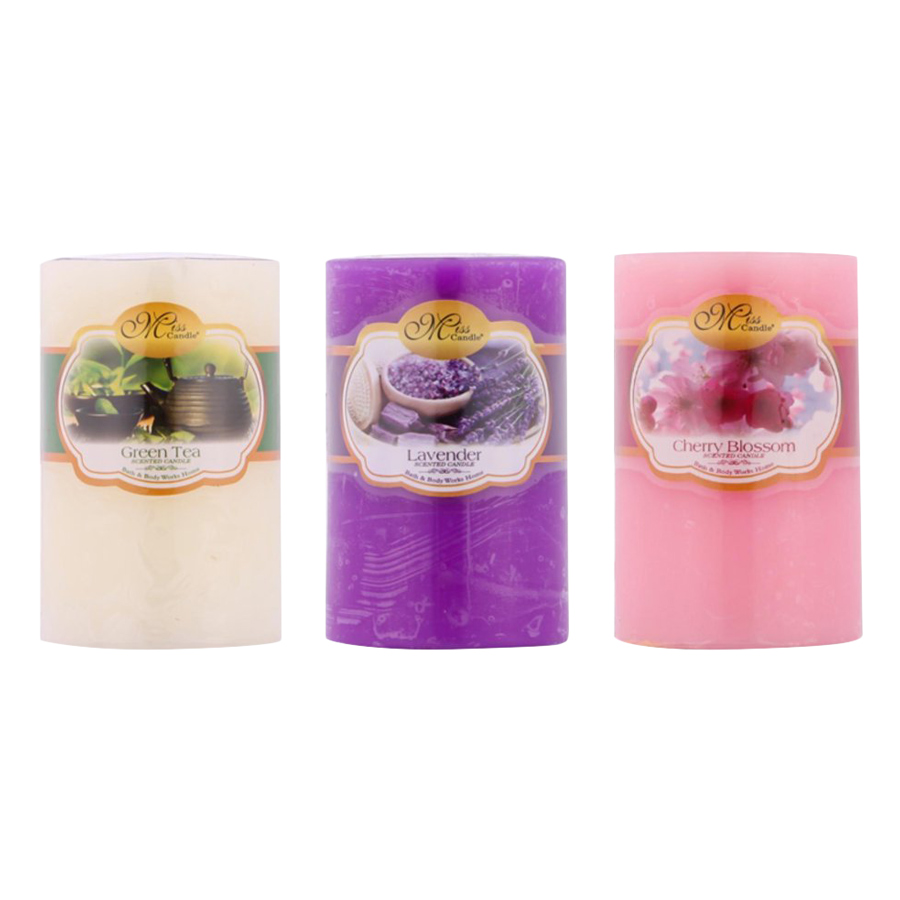 Set 3 Nến Thơm Trụ Tròn D5H8 Miss Candle FTRAMART NQM0819 (5 x 8 cm) - (Tím - Hồng - Vàng Nhạt)