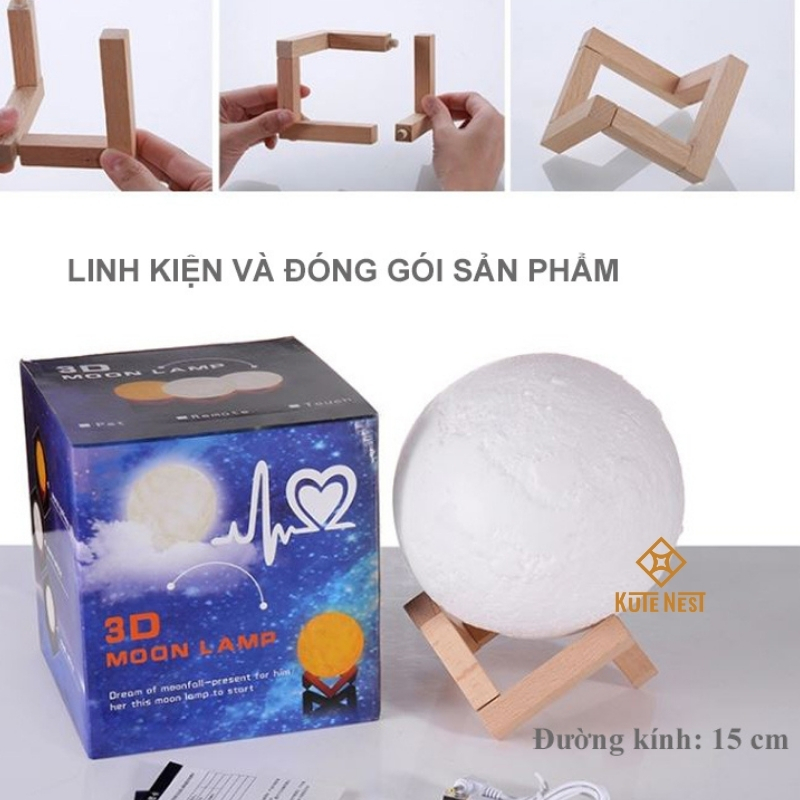 Đèn LED mặt trăng 3D - 3 màu đèn tùy chỉnh độ sáng - ĐK 15 cm